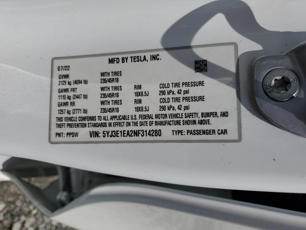 2022 Tesla Model 3 VIN: 5YJ3E1EA2NF314280 Lot: 55970095