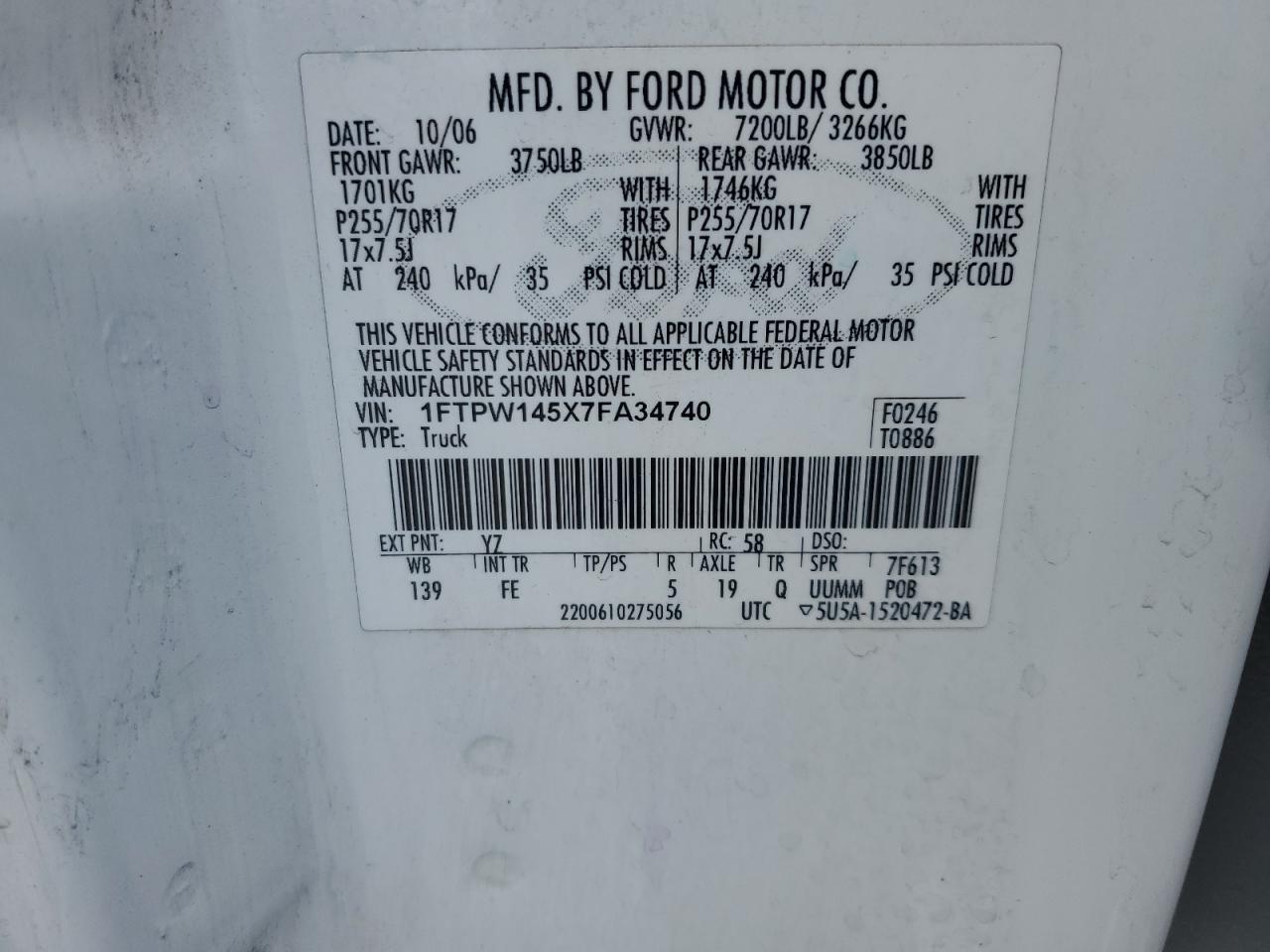 2007 Ford F150 Supercrew VIN: 1FTPW145X7FA34740 Lot: 56885855
