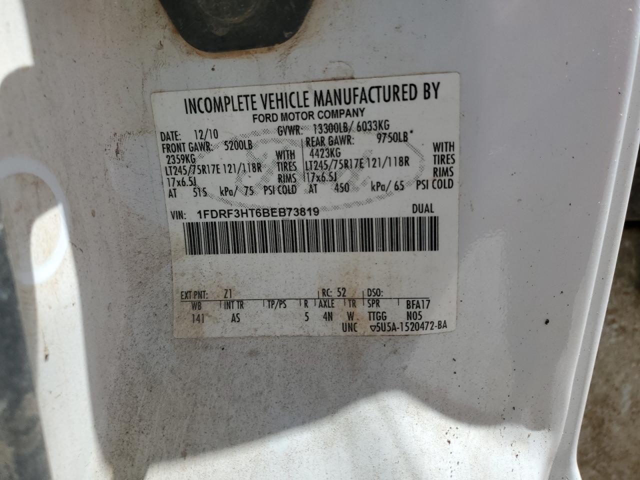 2011 Ford F350 Super Duty VIN: 1FDRF3HT6BEB73819 Lot: 53517645