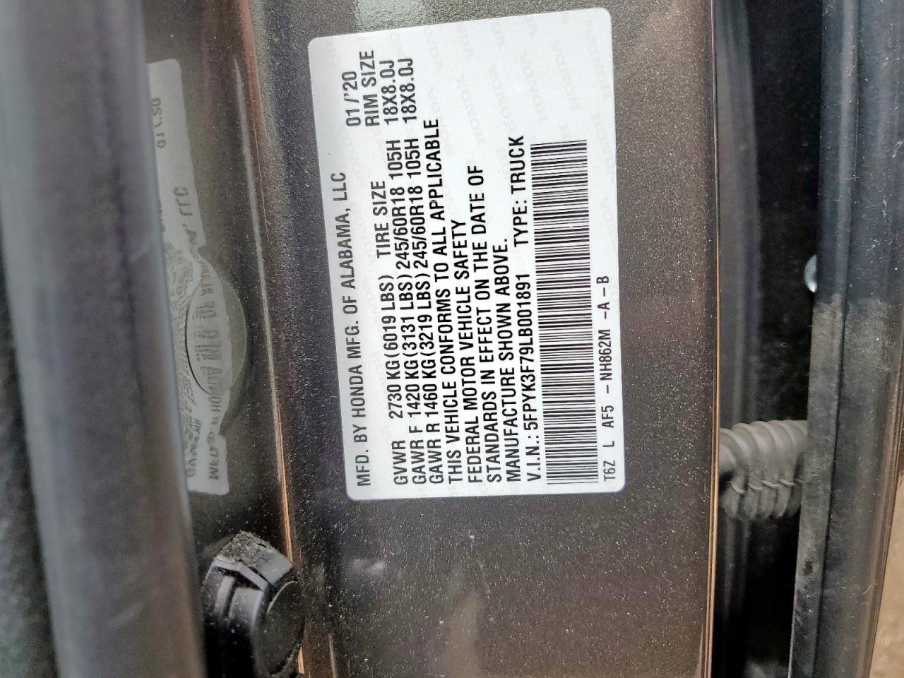 2020 Honda Ridgeline Rtl VIN: 5FPYK3F79LB001891 Lot: 58569255