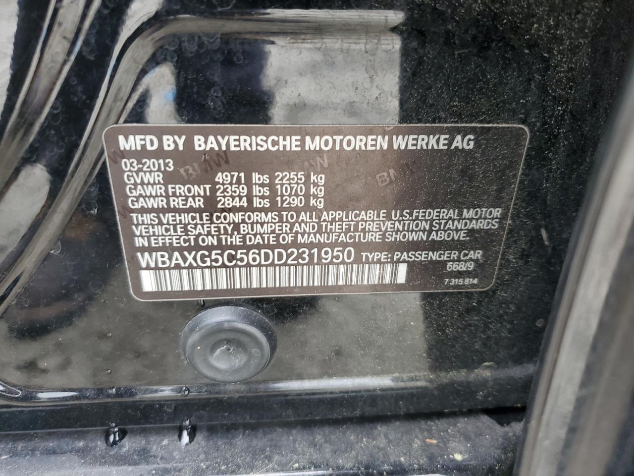 2013 BMW 528 I VIN: WBAXG5C56DD231950 Lot: 57555855