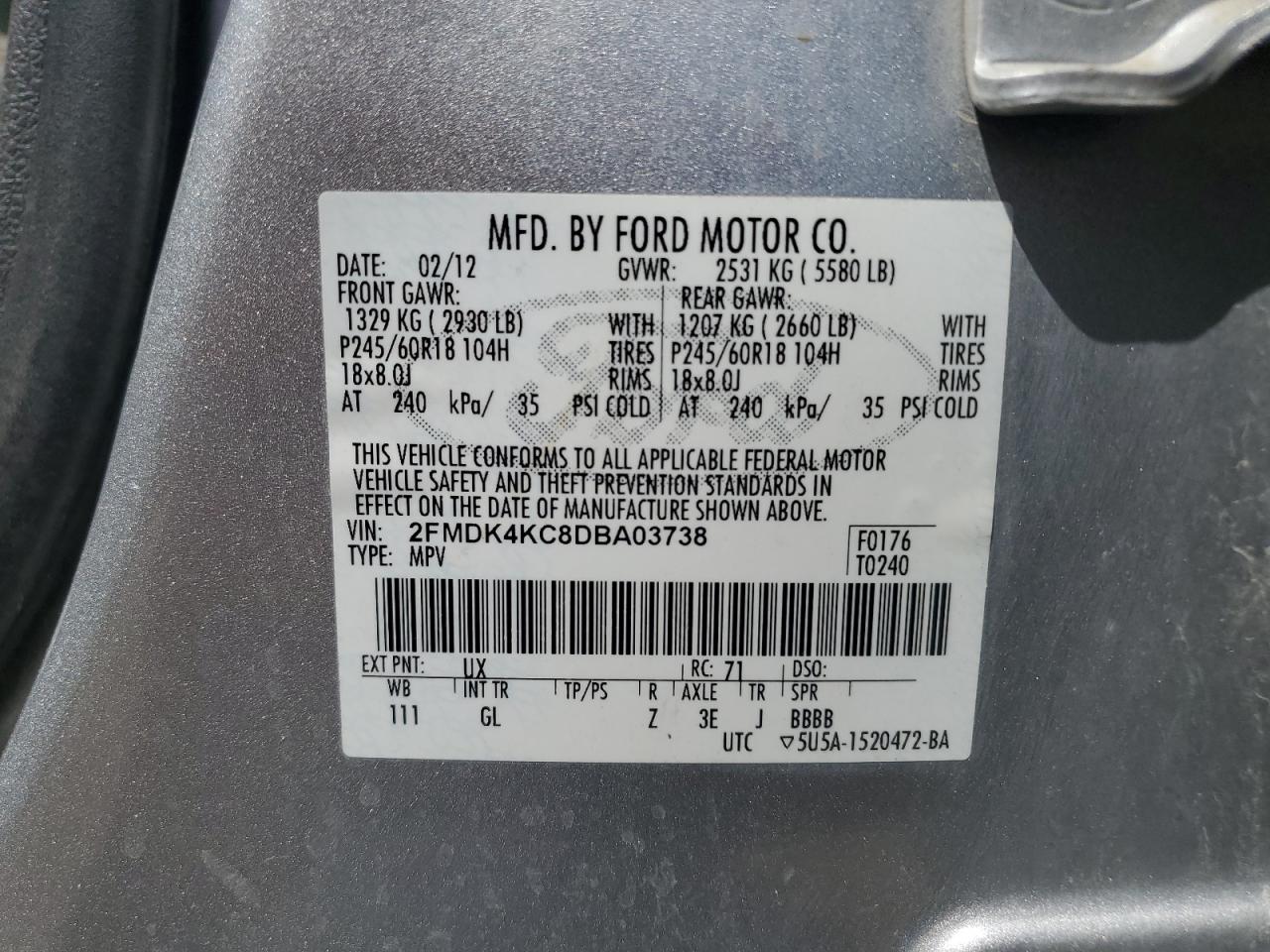 2013 Ford Edge Limited VIN: 2FMDK4KC8DBA03738 Lot: 57136255