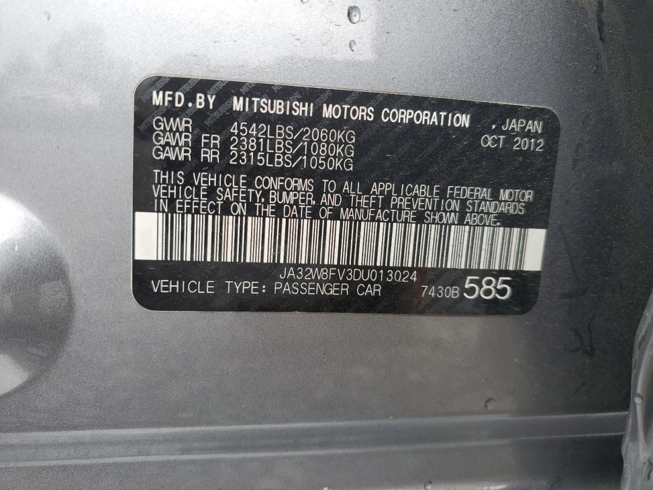 2013 Mitsubishi Lancer Evolution Gsr VIN: JA32W8FV3DU013024 Lot: 56484085