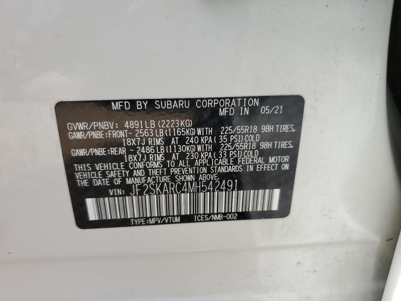 2021 Subaru Forester Sport VIN: JF2SKARC4MH542491 Lot: 56590365