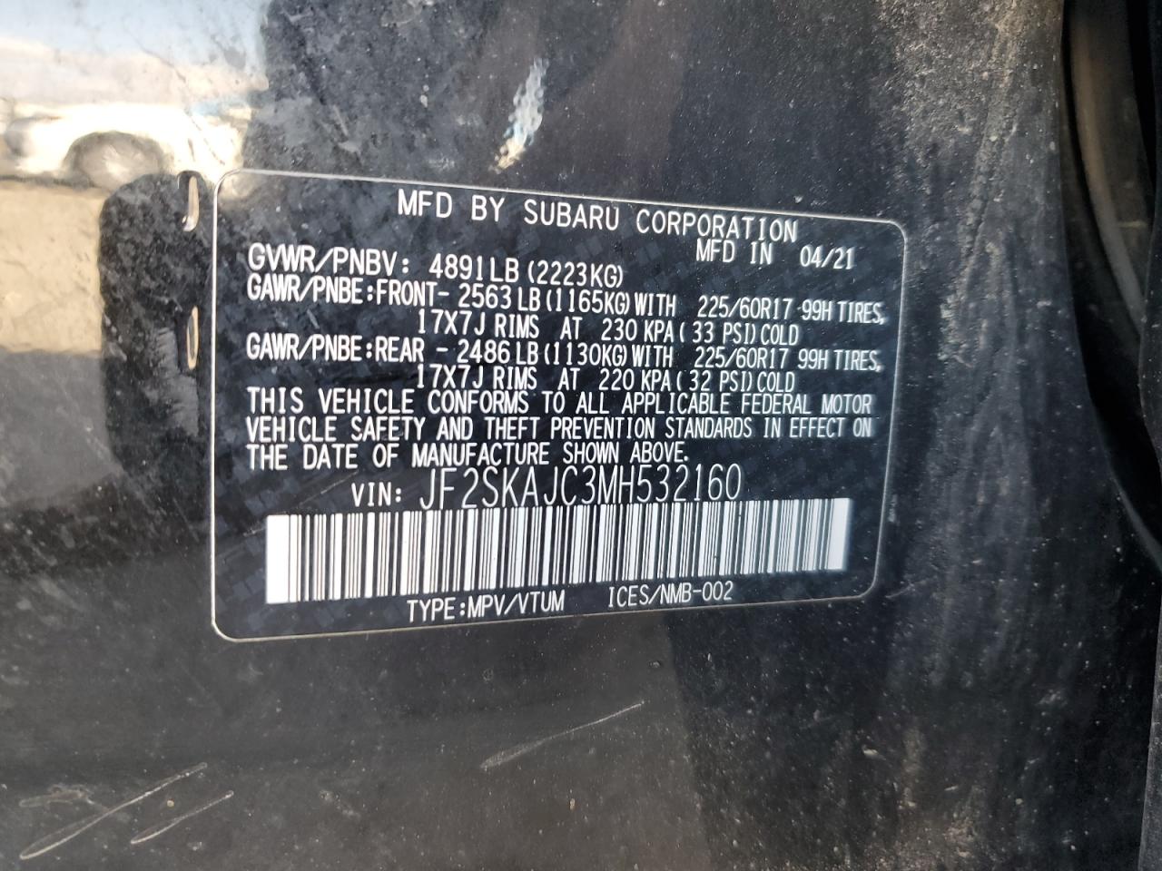 2021 Subaru Forester Premium VIN: JF2SKAJC3MH532160 Lot: 56573365