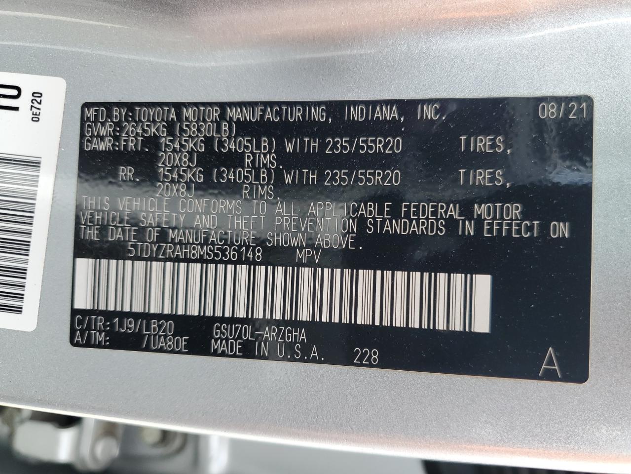 2021 Toyota Highlander Limited VIN: 5TDYZRAH8MS536148 Lot: 56758955