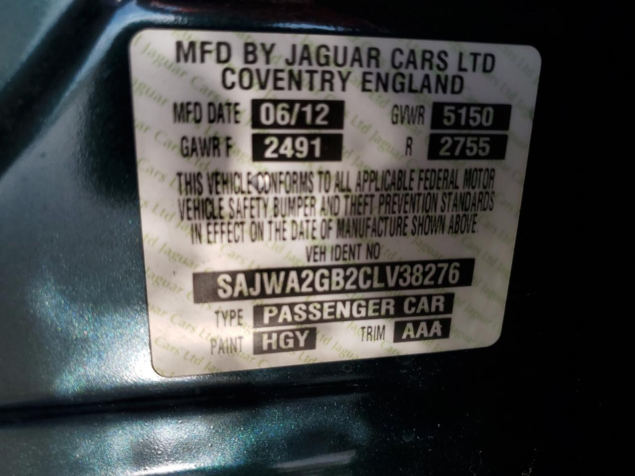 2012 Jaguar Xjl VIN: SAJWA2GB2CLV38276 Lot: 57800995