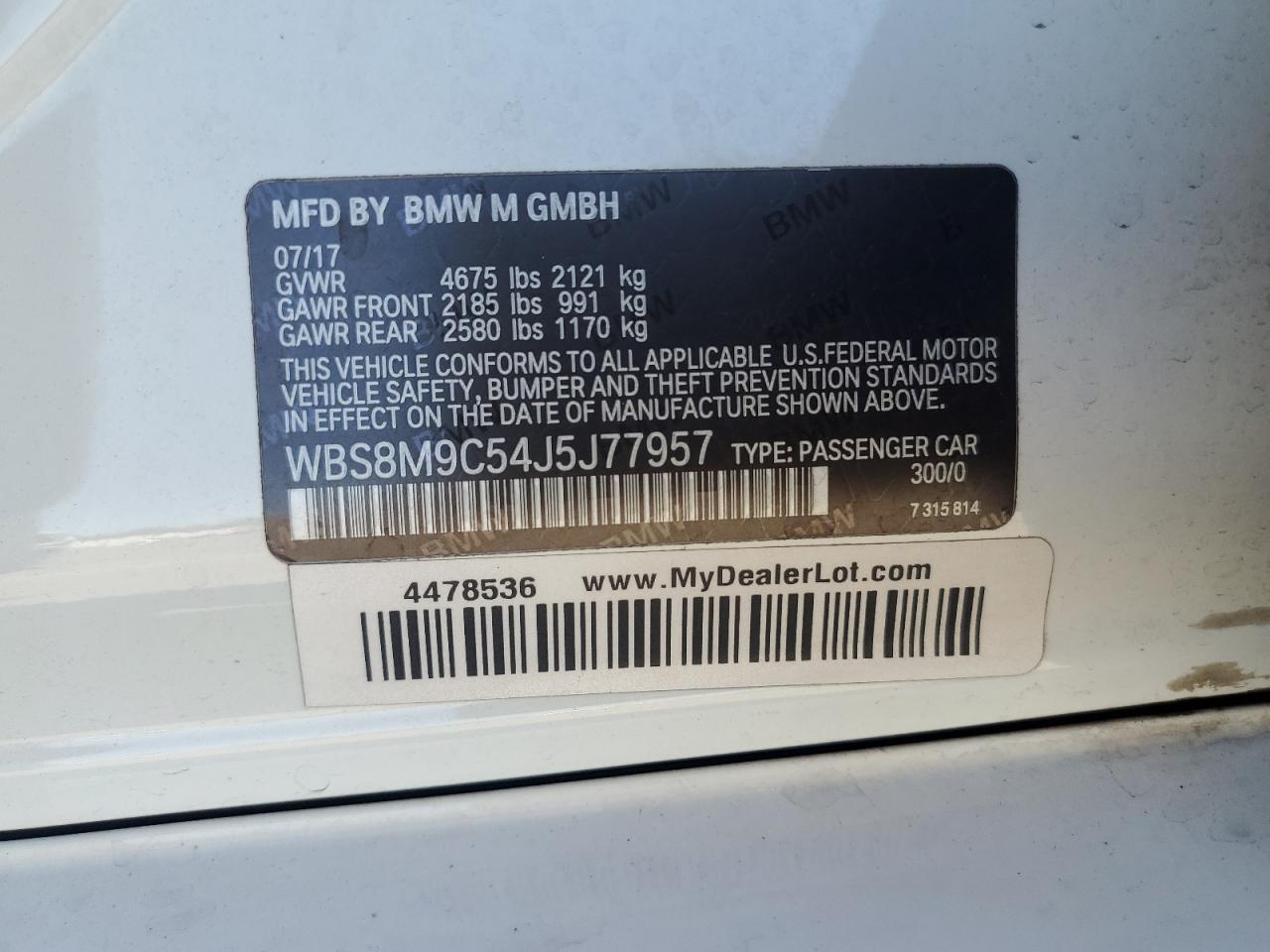 2018 BMW M3 VIN: WBS8M9C54J5J77957 Lot: 56768985