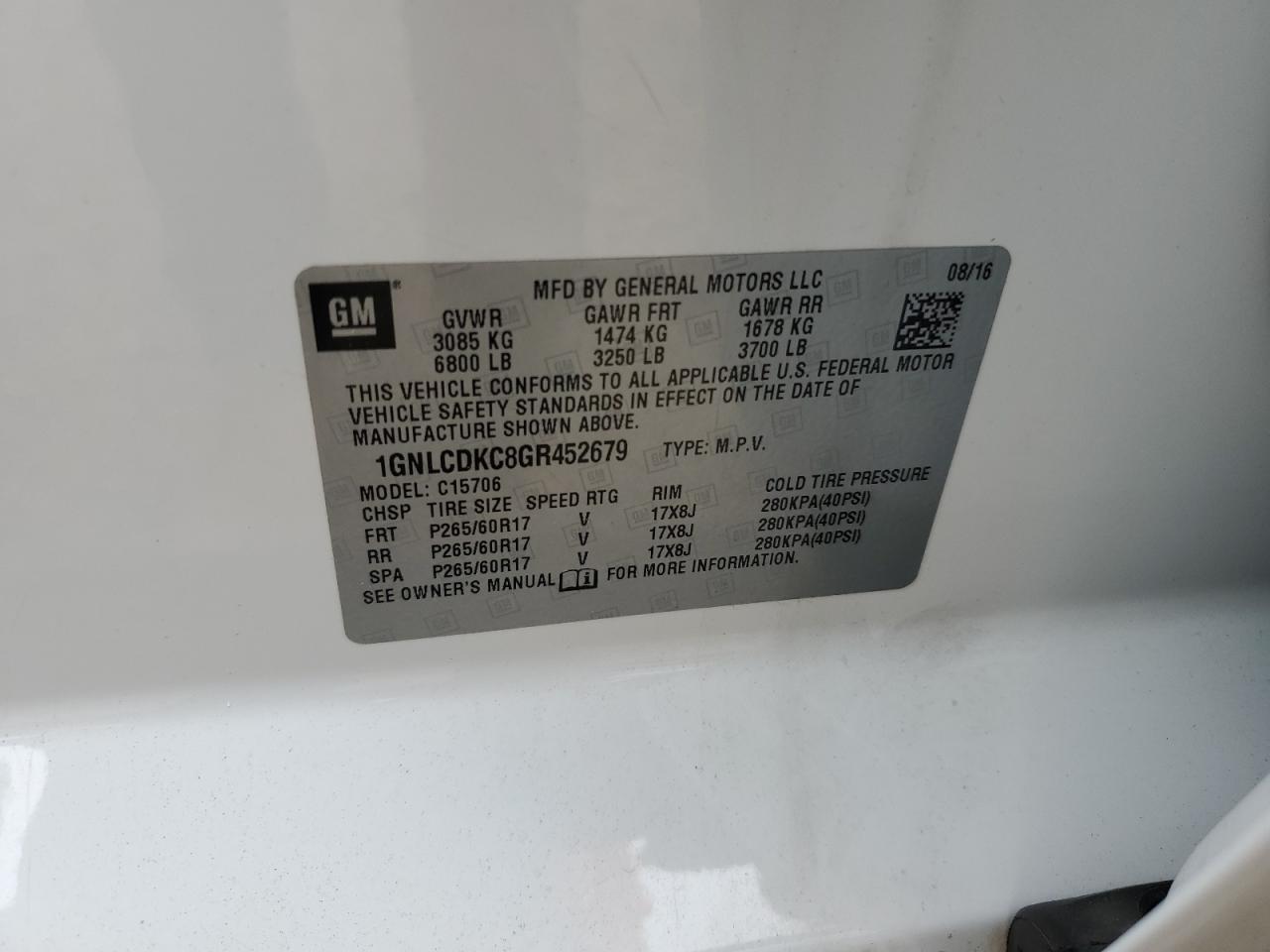 2016 Chevrolet Tahoe Police VIN: 1GNLCDKC8GR452679 Lot: 58526875