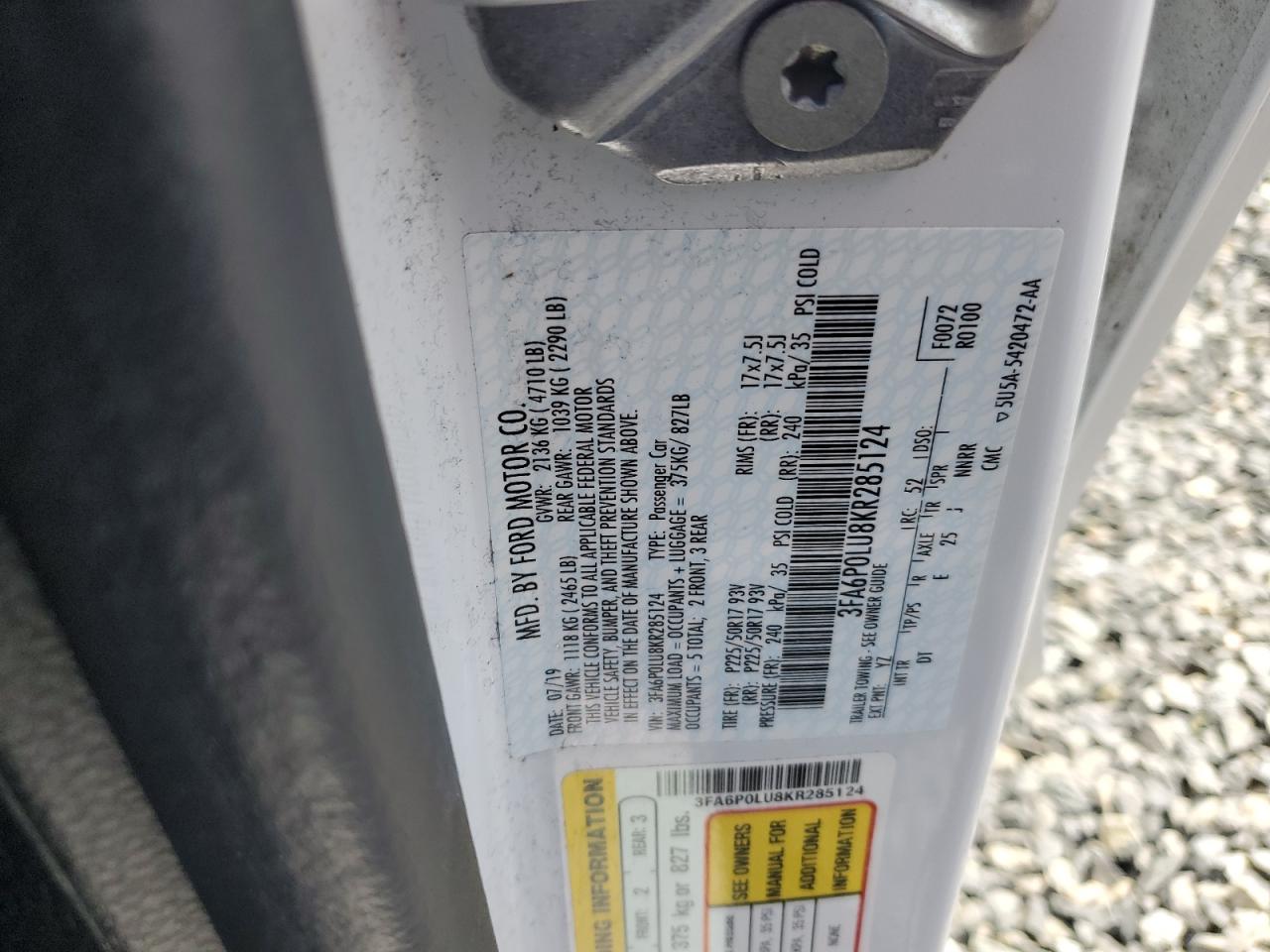 2019 Ford Fusion Se VIN: 3FA6P0LU8KR285124 Lot: 54028255