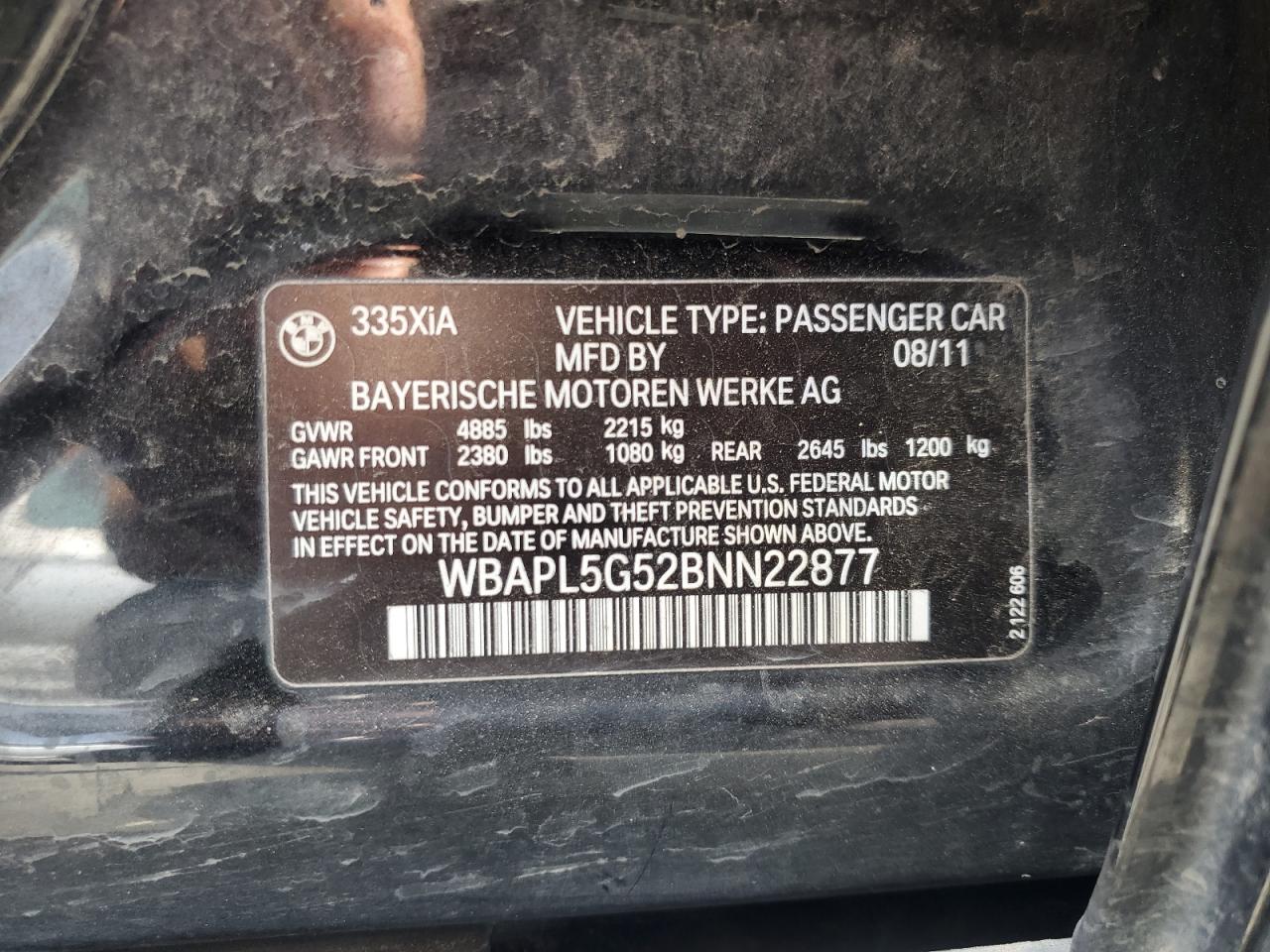 2011 BMW 335 Xi VIN: WBAPL5G52BNN22877 Lot: 57178705