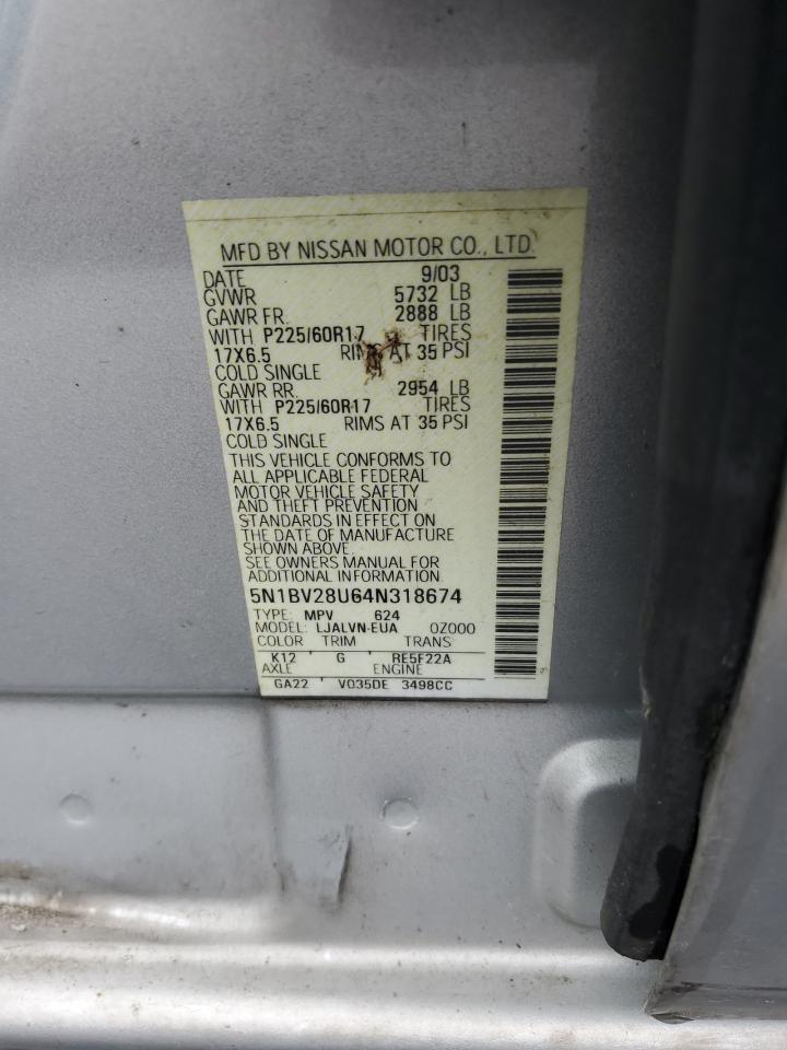 2004 Nissan Quest S VIN: 5N1BV28U64N318674 Lot: 55781545