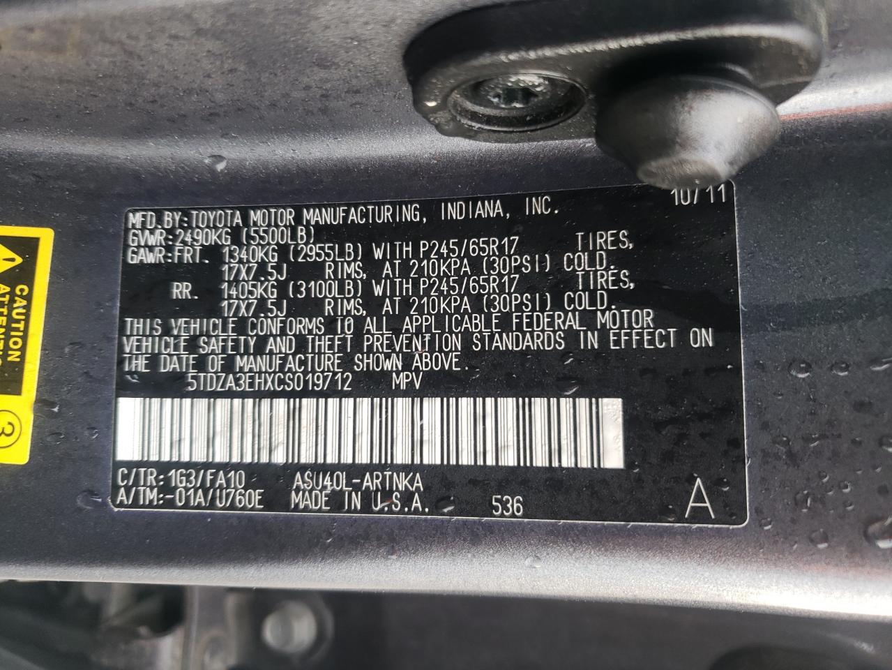 2012 Toyota Highlander Base VIN: 5TDZA3EHXCS019712 Lot: 56908055