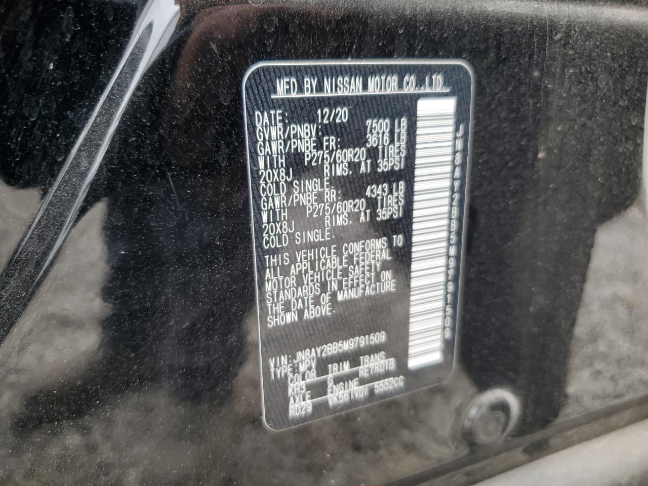 2021 Nissan Armada Sl VIN: JN8AY2BB5M9791509 Lot: 55443985