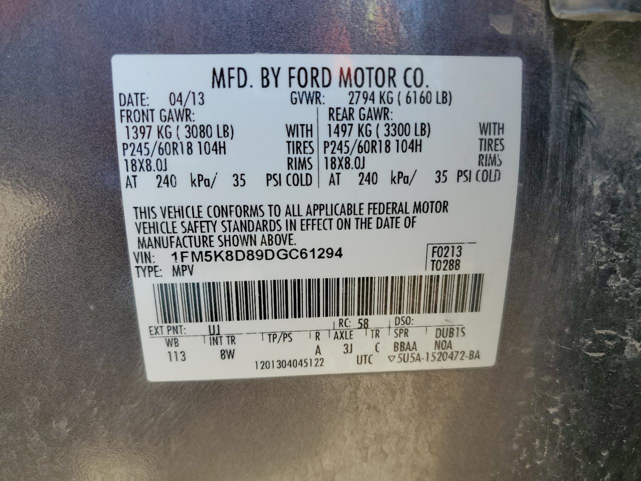 2013 Ford Explorer Xlt VIN: 1FM5K8D89DGC61294 Lot: 56977095
