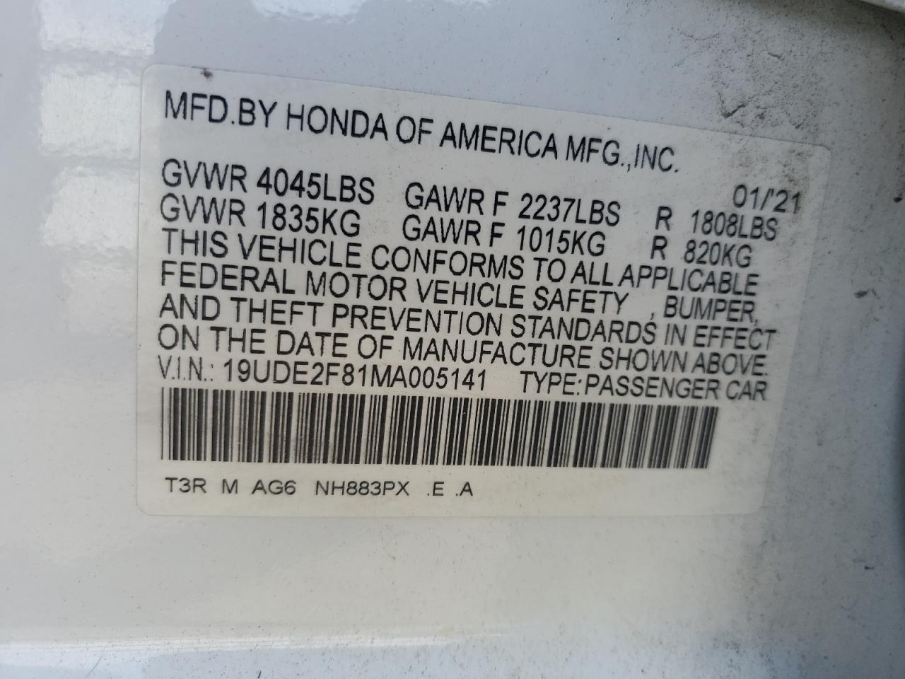 2021 Acura Ilx Premium A-Spec VIN: 19UDE2F81MA005141 Lot: 56690405