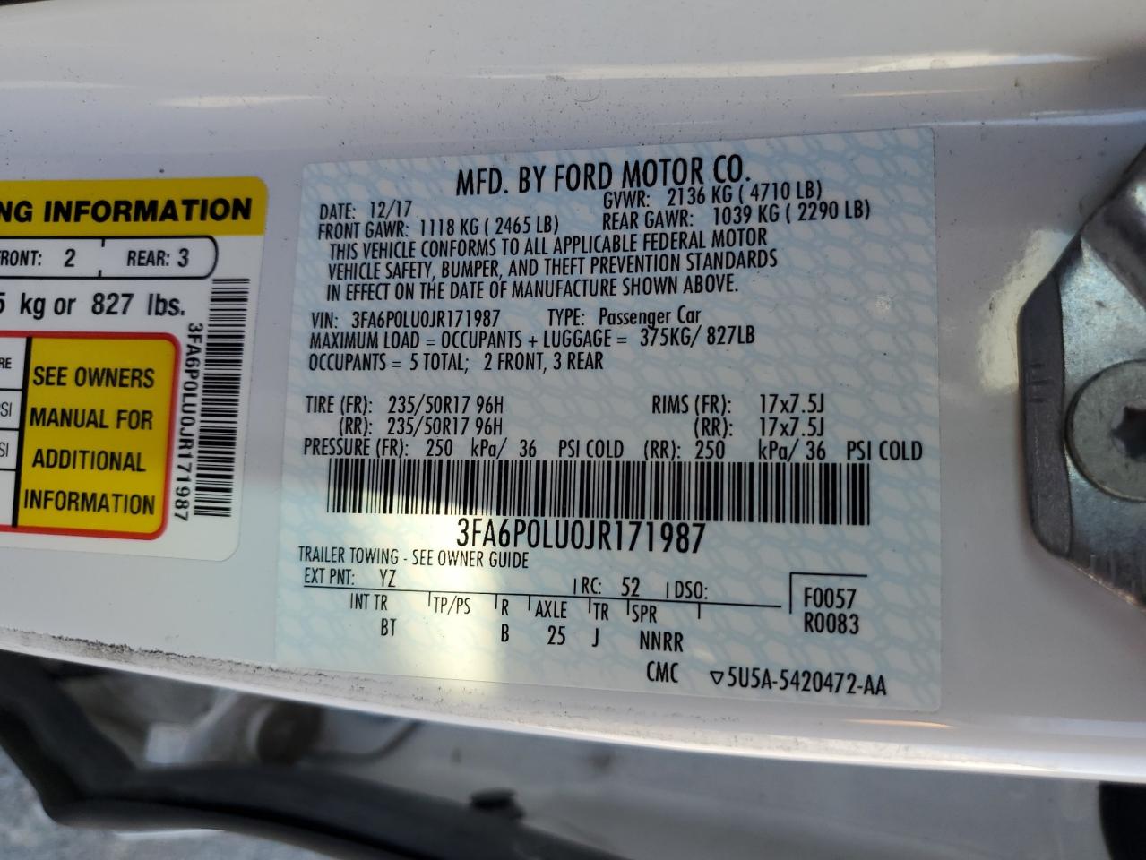 2018 Ford Fusion Se Hybrid VIN: 3FA6P0LU0JR171987 Lot: 56536085