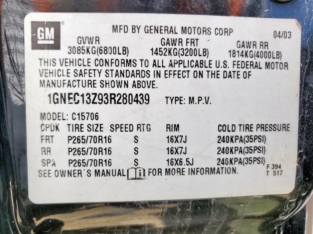 2003 Chevrolet Tahoe C1500 VIN: 1GNEC13Z93R280439 Lot: 58533205
