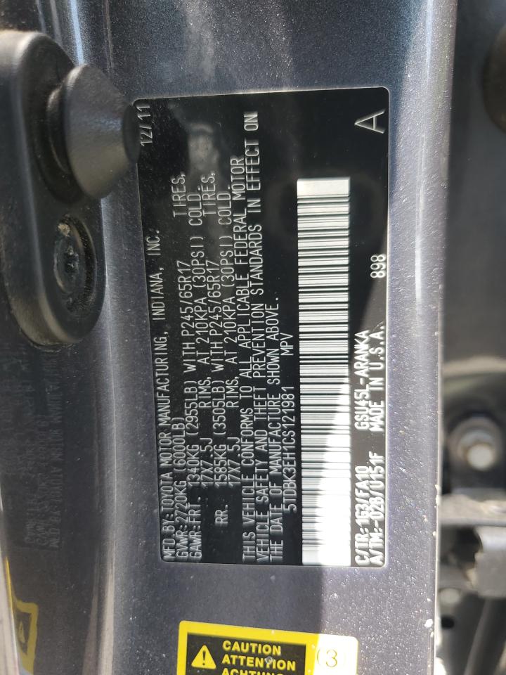 2012 Toyota Highlander Base VIN: 5TDBK3EH1CS121981 Lot: 56840115