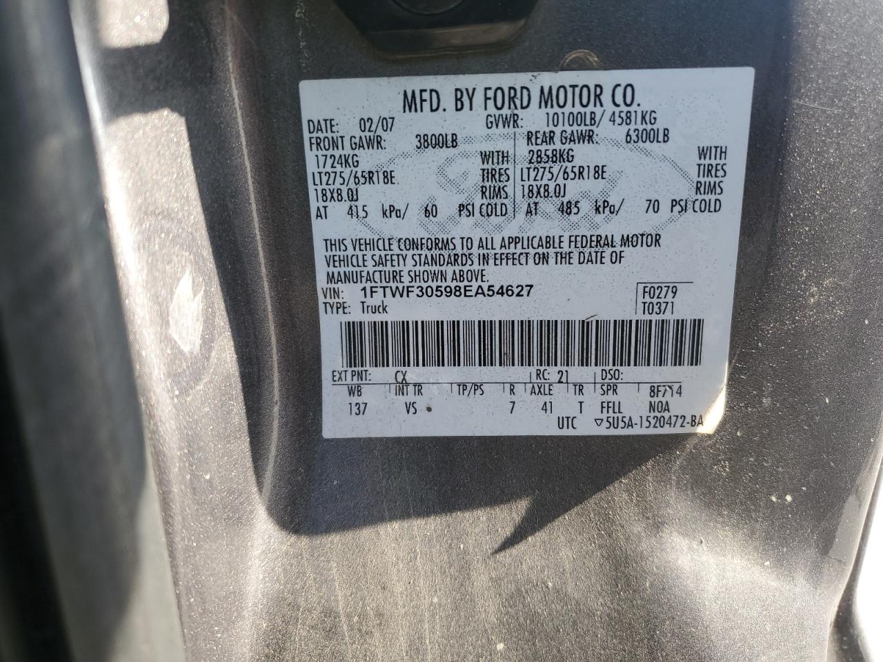 2008 Ford F350 Srw Super Duty VIN: 1FTWF30598EA54627 Lot: 54067735