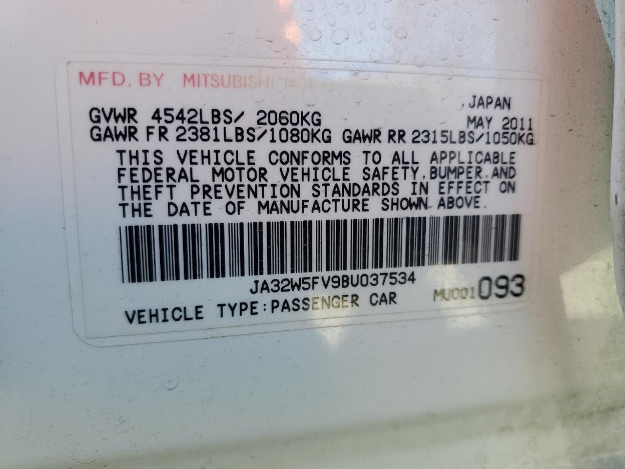 2011 Mitsubishi Lancer Evolution Mr VIN: JA32W5FV9BU037534 Lot: 56357825
