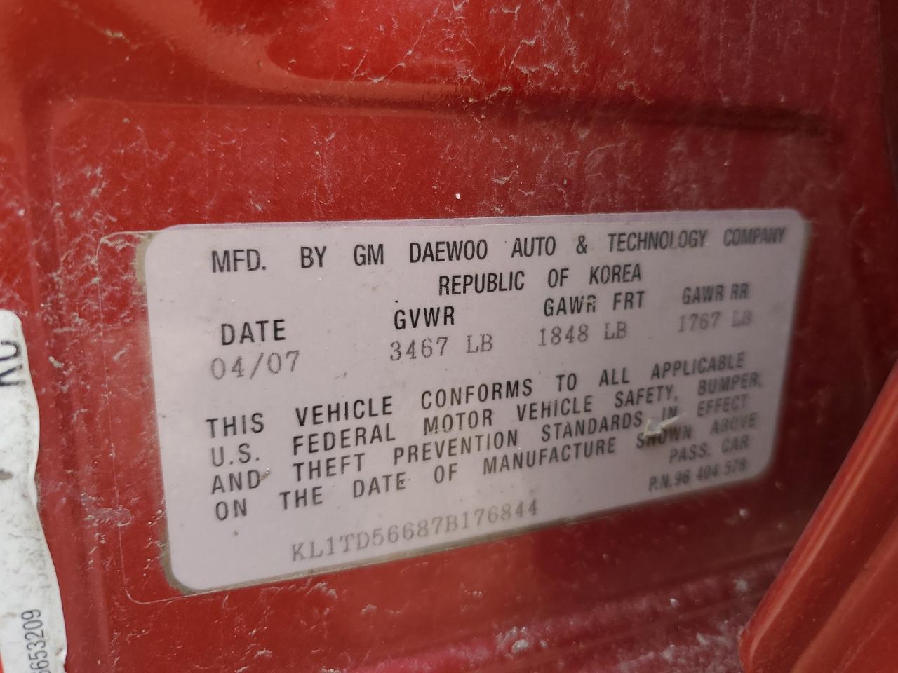 2007 Chevrolet Aveo Base VIN: KL1TD56687B176844 Lot: 57107385