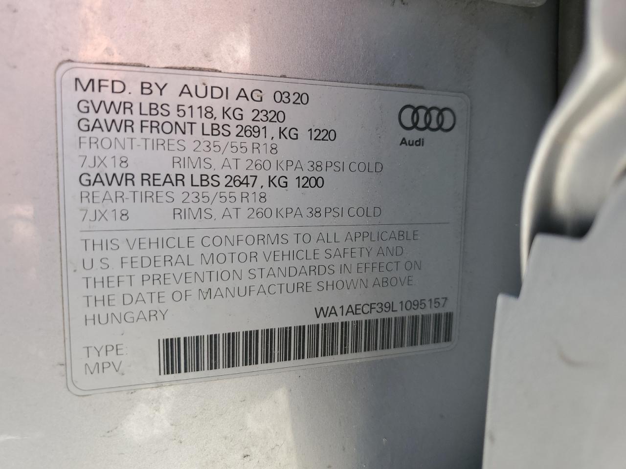 2020 Audi Q3 Premium VIN: WA1AECF39L1095157 Lot: 55919565