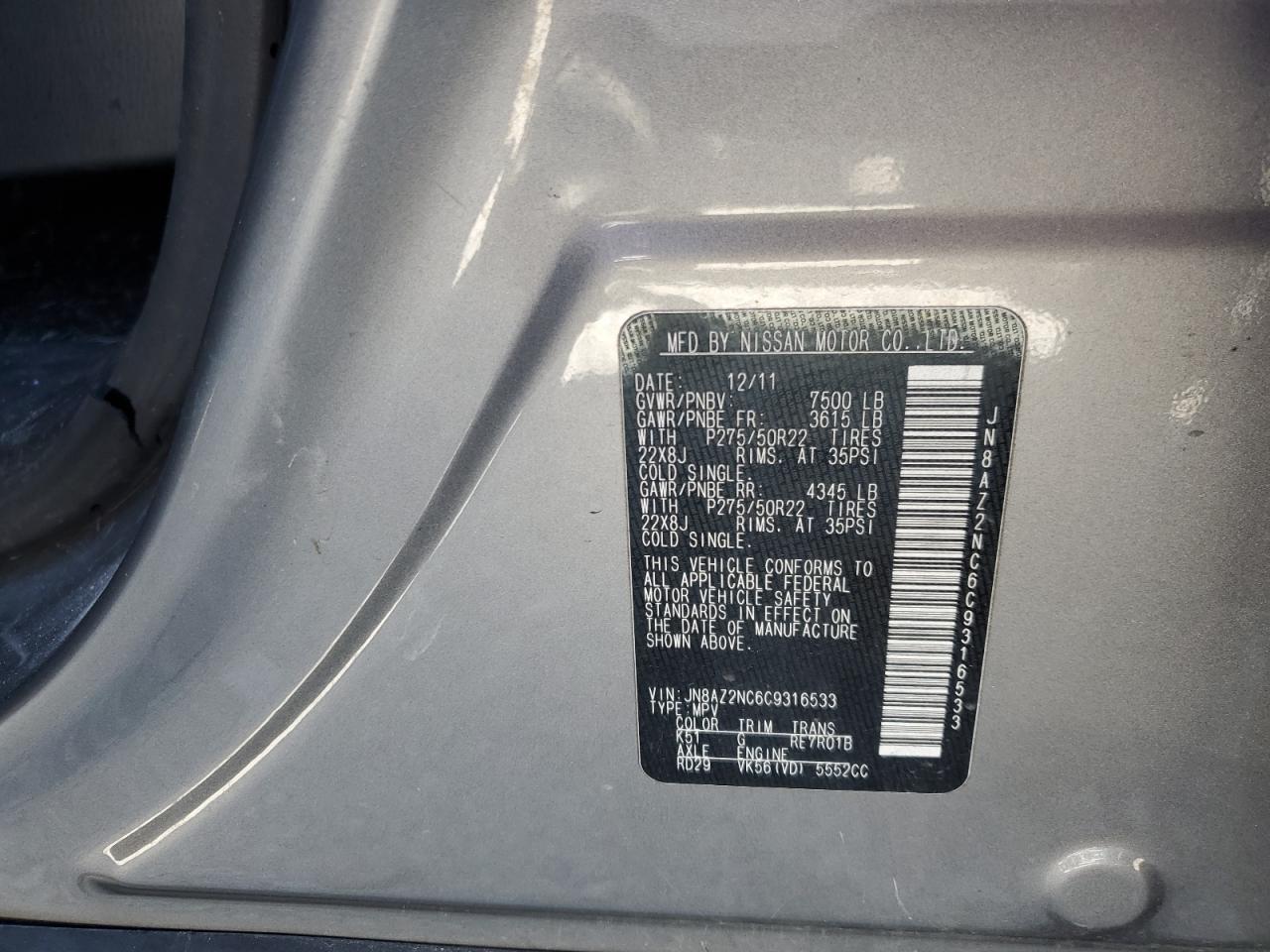 2012 Infiniti Qx56 VIN: JN8AZ2NC6C9316533 Lot: 59175445