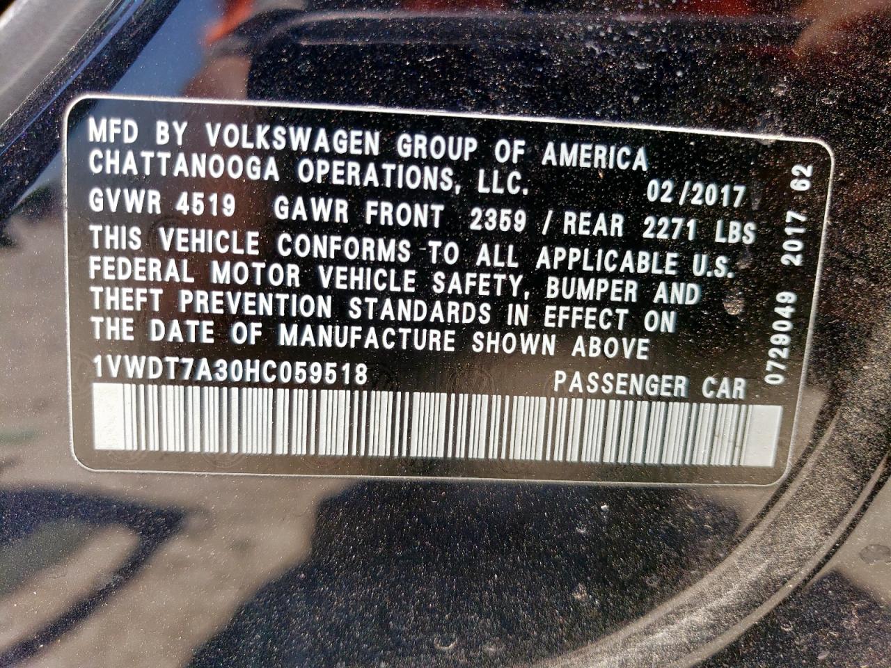 2017 Volkswagen Passat R-Line VIN: 1VWDT7A30HC059518 Lot: 57123695