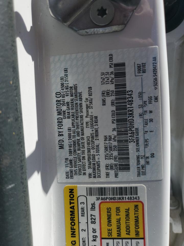 2019 Ford Fusion Se VIN: 3FA6P0HD3KR148343 Lot: 56349195