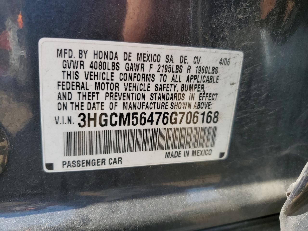 2006 Honda Accord Lx VIN: 3HGCM56476G706168 Lot: 57132415