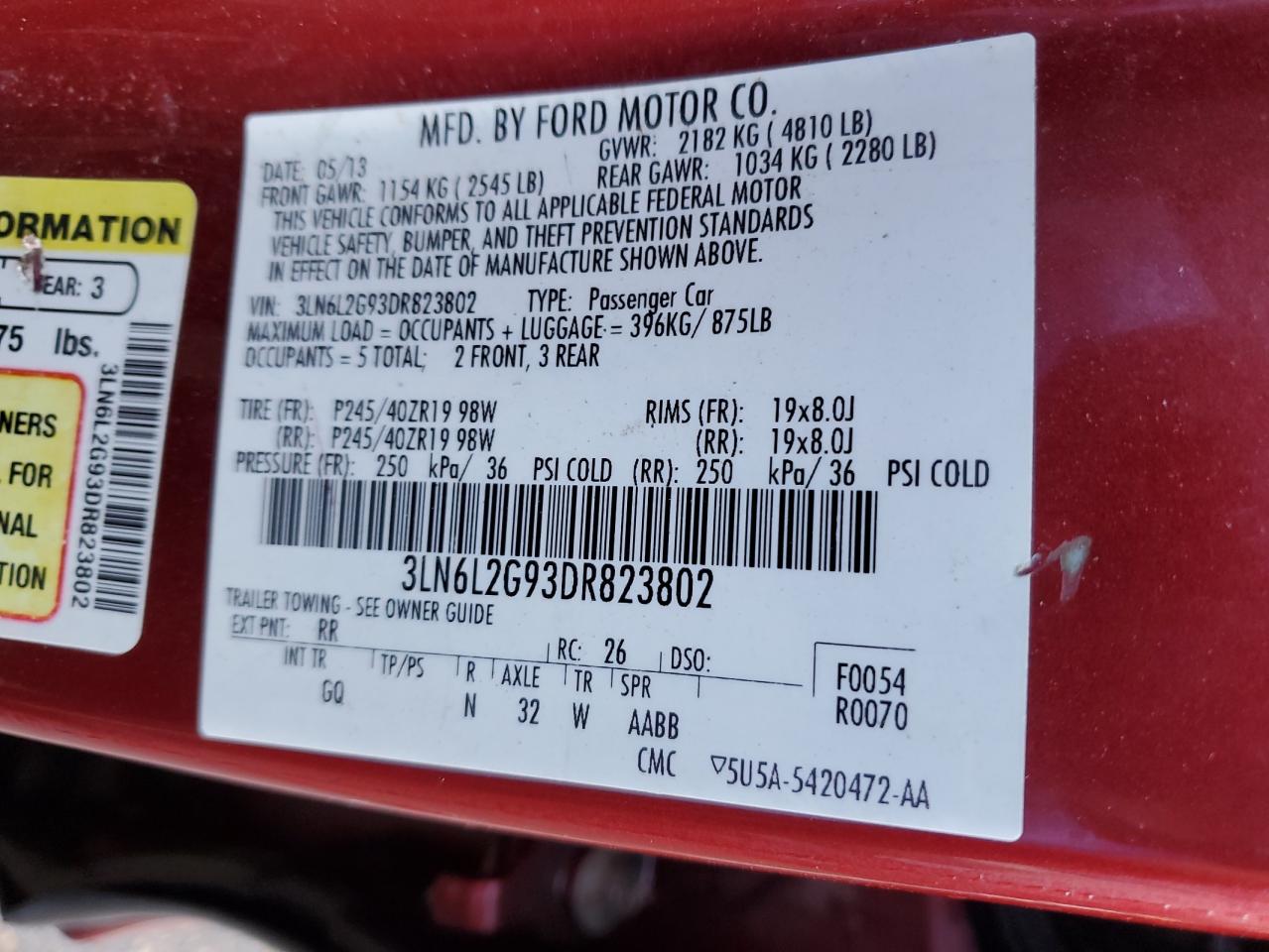 2013 Lincoln Mkz VIN: 3LN6L2G93DR823802 Lot: 56592525
