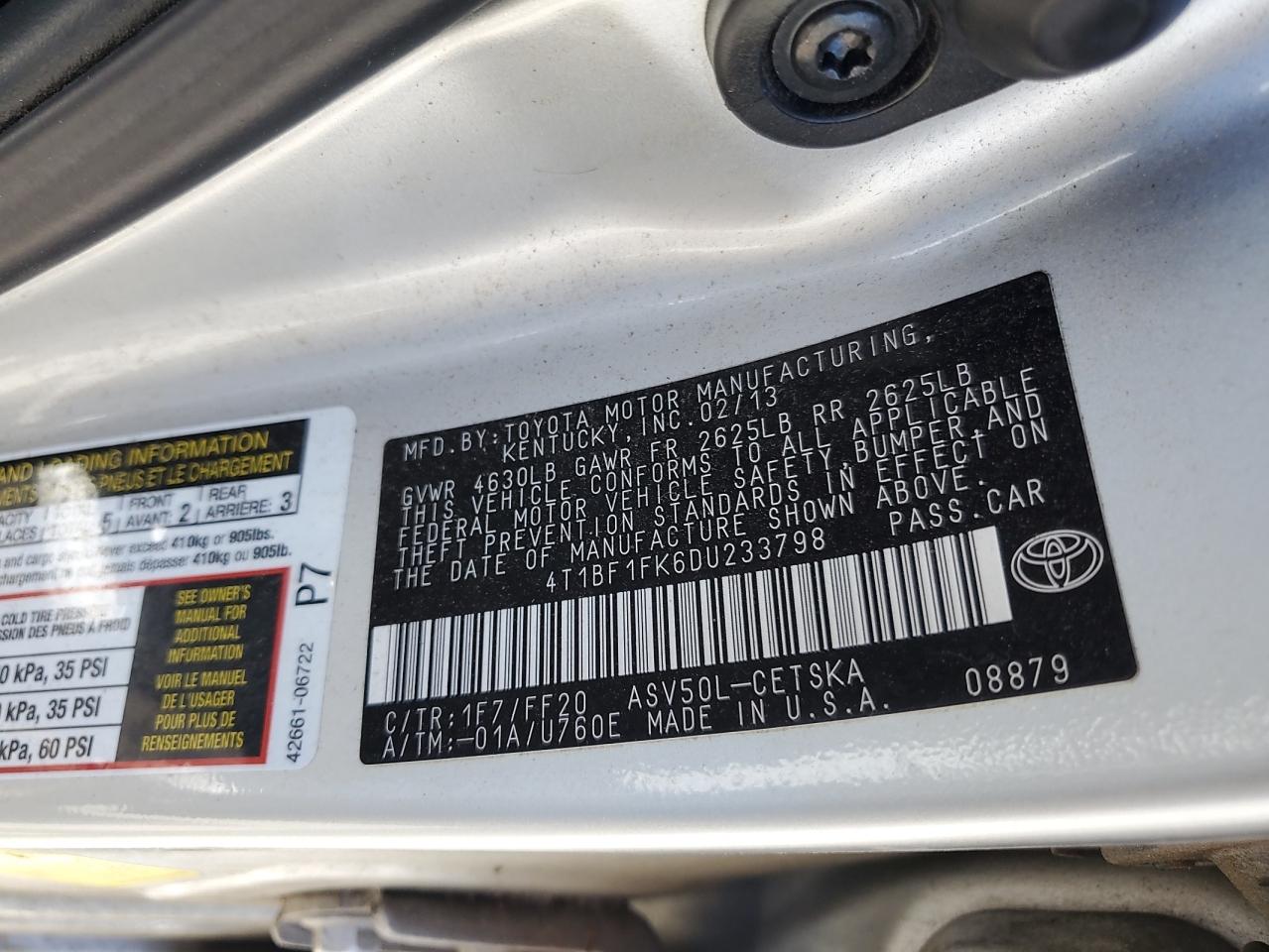 2013 Toyota Camry L VIN: 4T1BF1FK6DU233798 Lot: 57064425