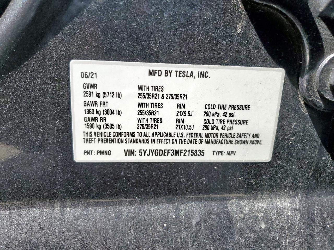 2021 Tesla Model Y VIN: 5YJYGDEF3MF215835 Lot: 57172365