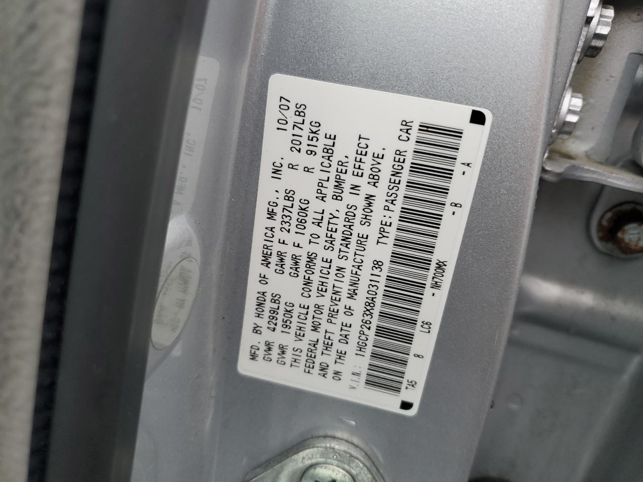2008 Honda Accord Lx VIN: 1HGCP263X8A031138 Lot: 56639705