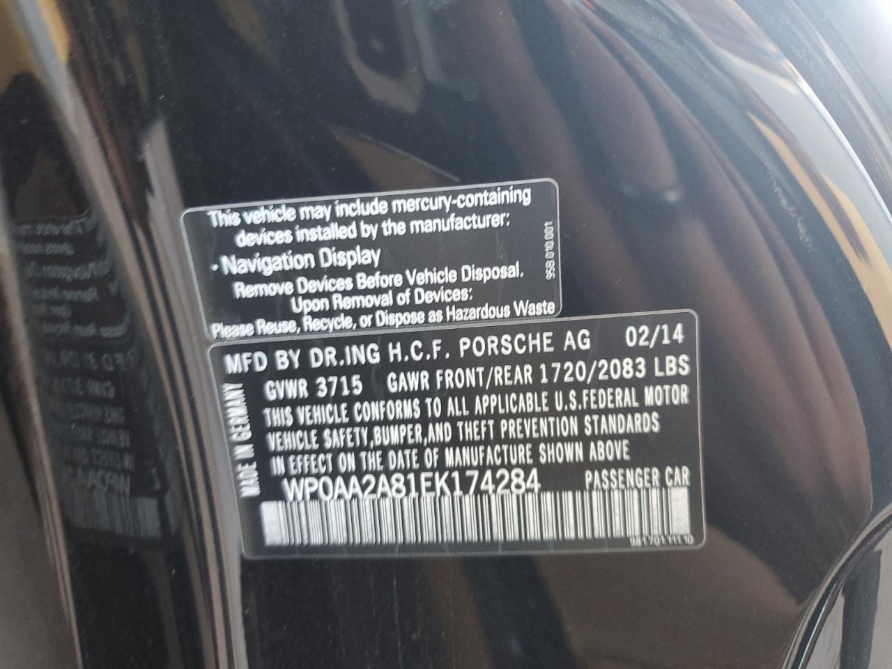 2014 Porsche Cayman VIN: WP0AA2A81EK174284 Lot: 56718985