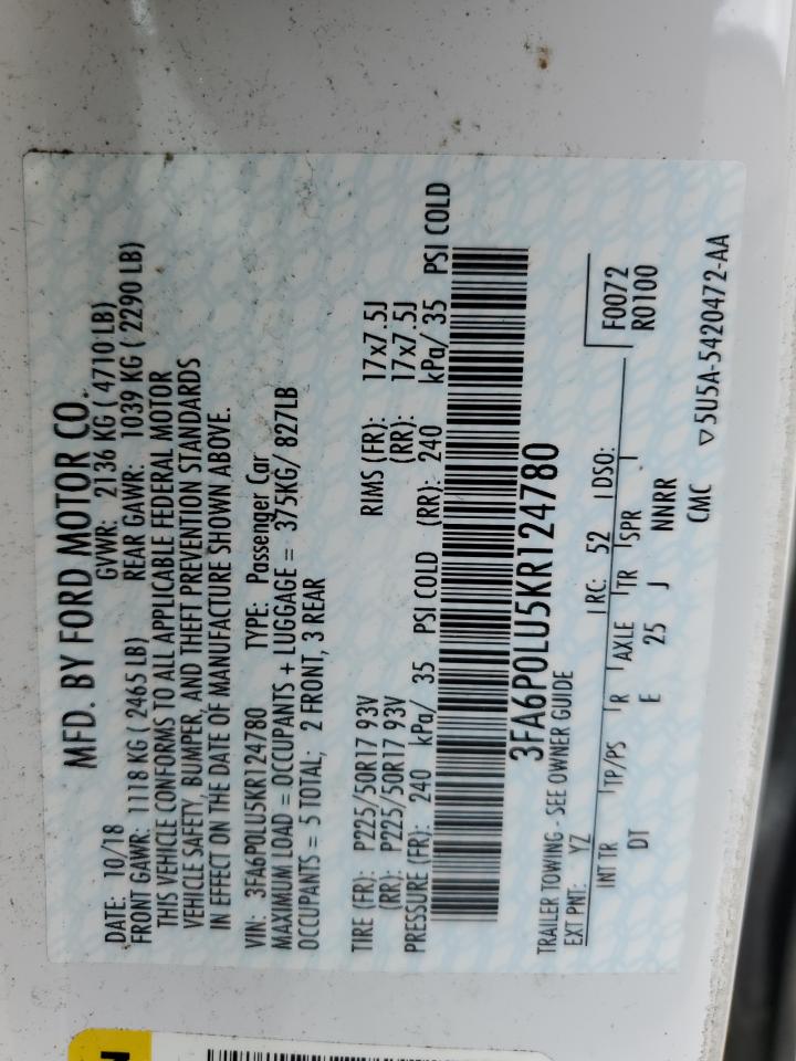 2019 Ford Fusion Se VIN: 3FA6P0LU5KR124780 Lot: 54029005