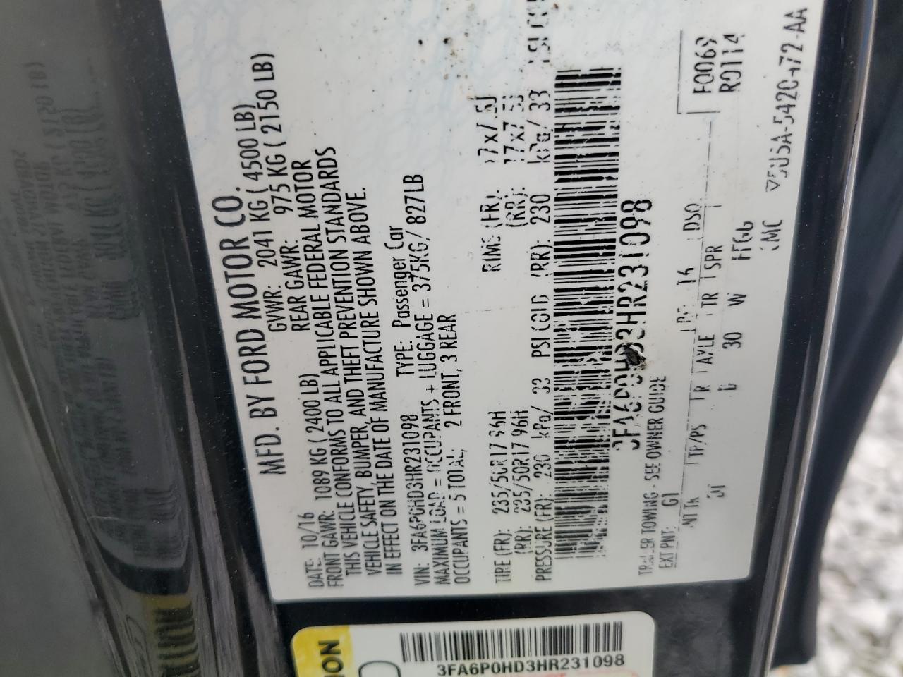 2017 Ford Fusion Se VIN: 3FA6P0HD3HR231098 Lot: 58832525