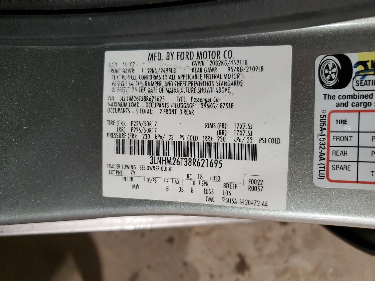 2008 Lincoln Mkz VIN: 3LNHM26T38R621695 Lot: 55511925