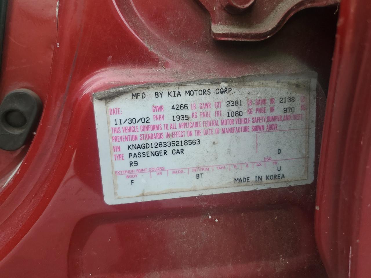 2003 Kia Optima Lx VIN: KNAGD128335218563 Lot: 57046625