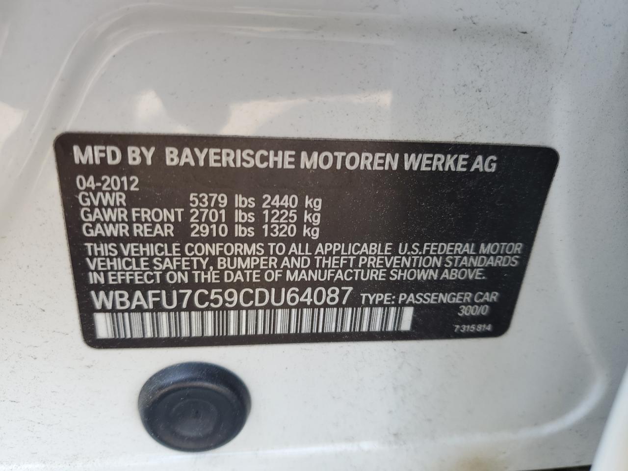 2012 BMW 535 Xi VIN: WBAFU7C59CDU64087 Lot: 55917075