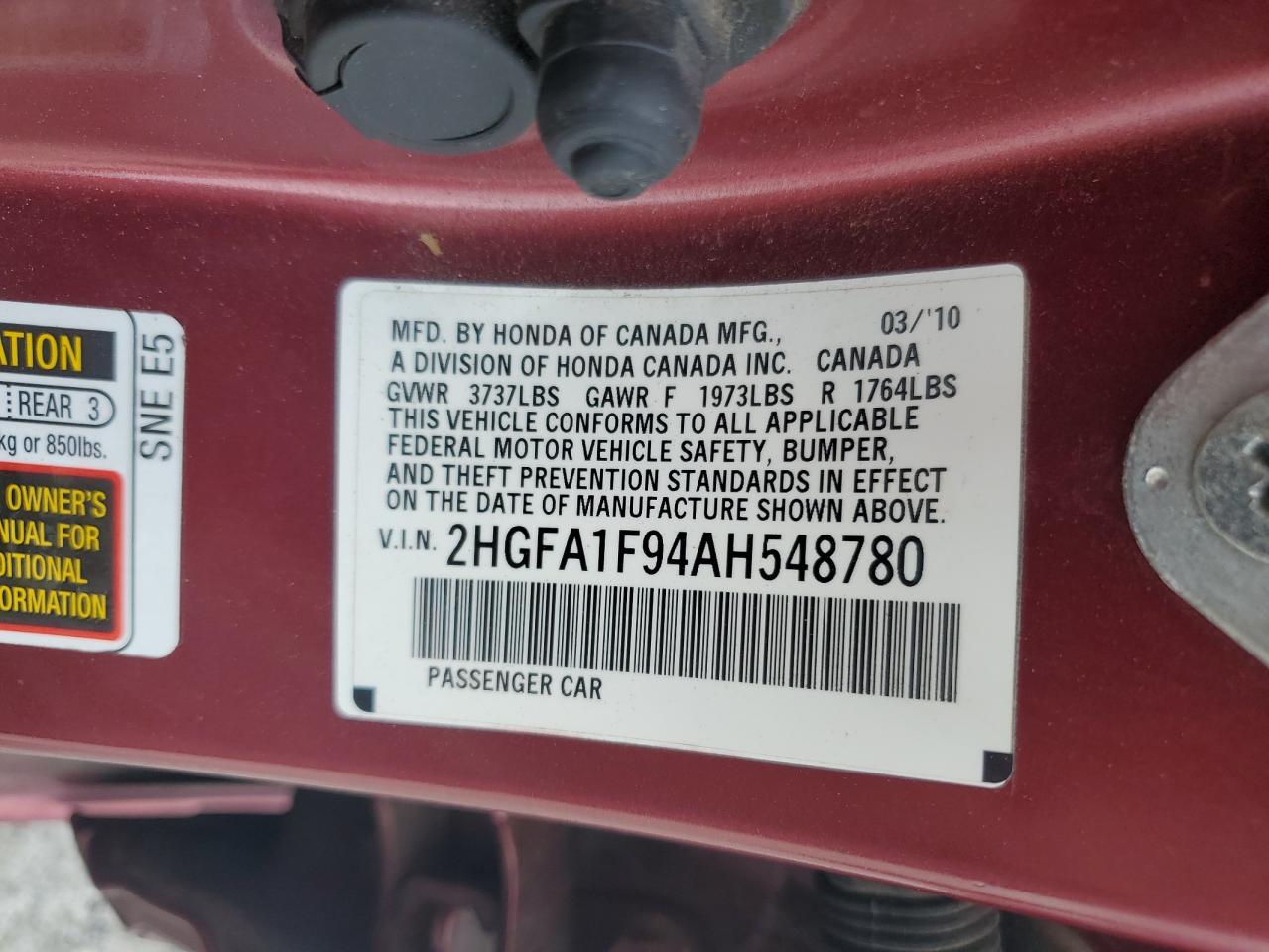 2010 Honda Civic Exl VIN: 2HGFA1F94AH548780 Lot: 57032215