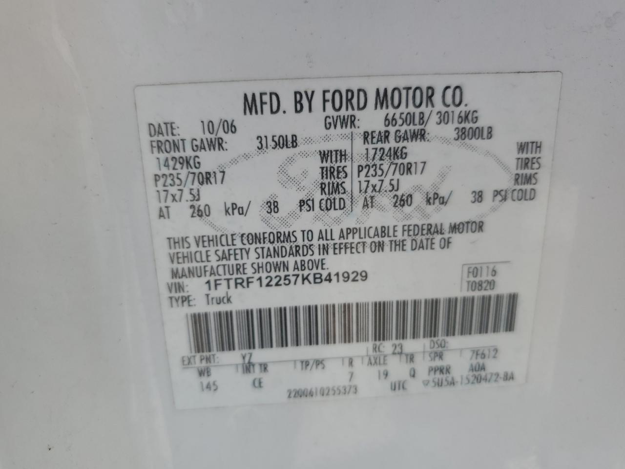 2007 Ford F150 VIN: 1FTRF12257KB41929 Lot: 56926155