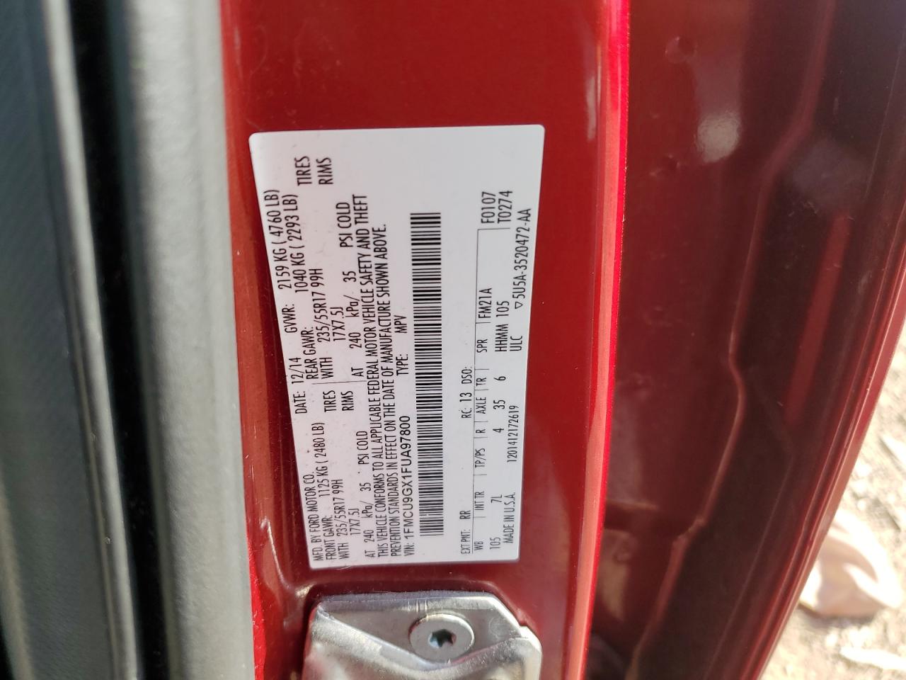 2015 Ford Escape Se VIN: 1FMCU9GX1FUA97800 Lot: 56799825