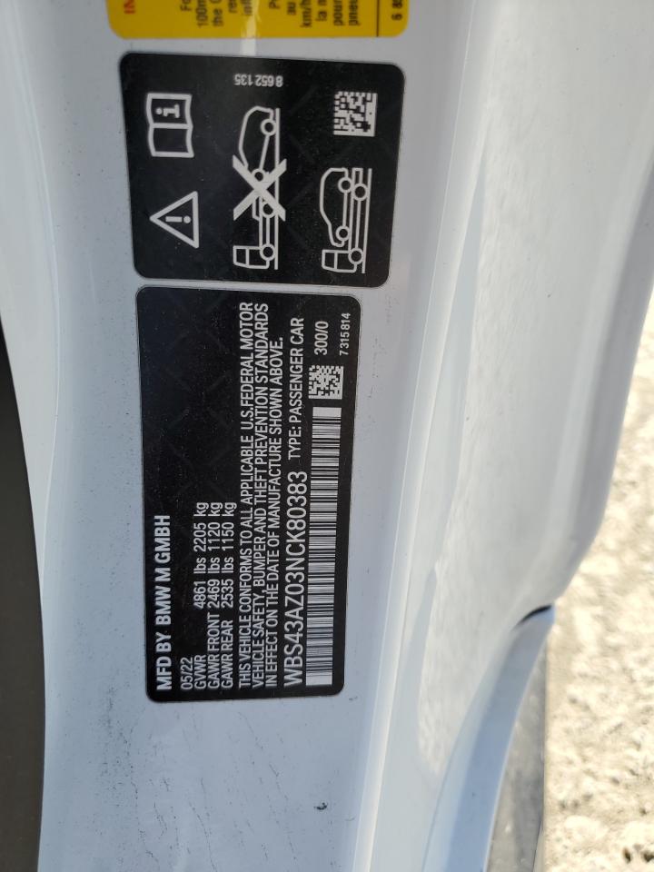 2022 BMW M4 Competition VIN: WBS43AZ03NCK80383 Lot: 58859295