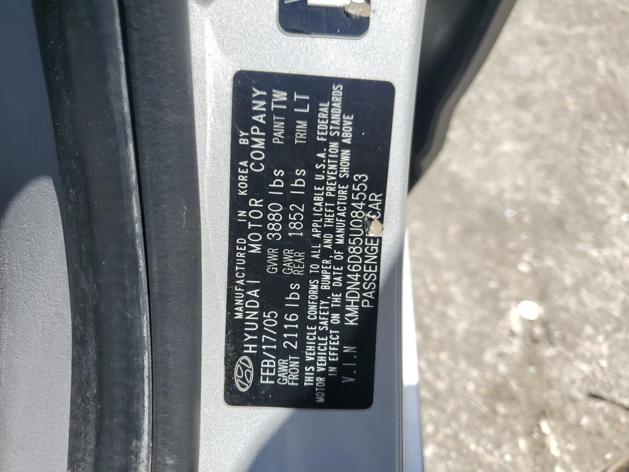 2005 Hyundai Elantra Gls VIN: KMHDN46D85U084553 Lot: 56999985