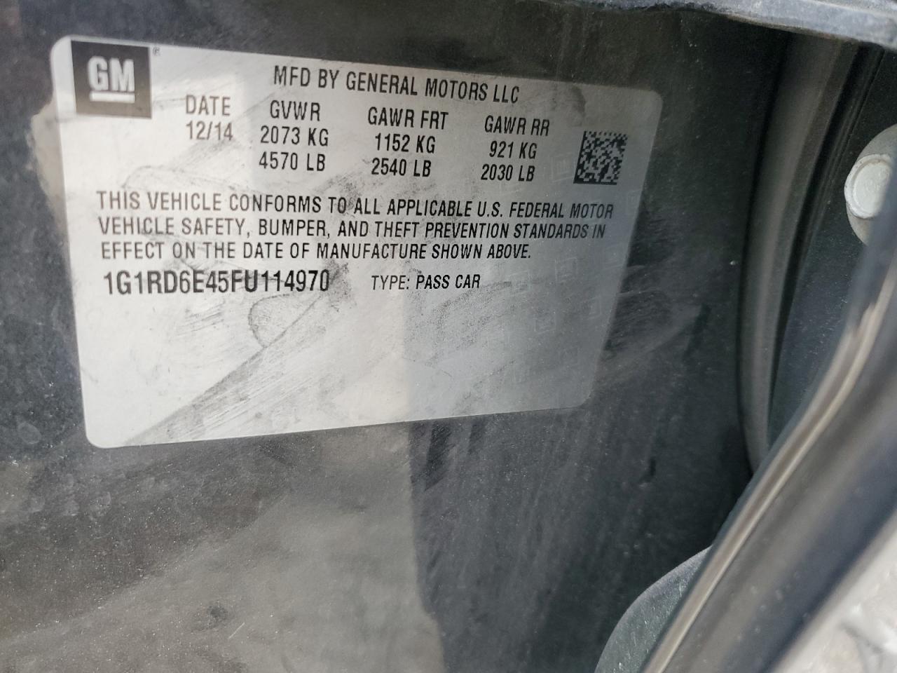 2015 Chevrolet Volt VIN: 1G1RD6E45FU114970 Lot: 56731435