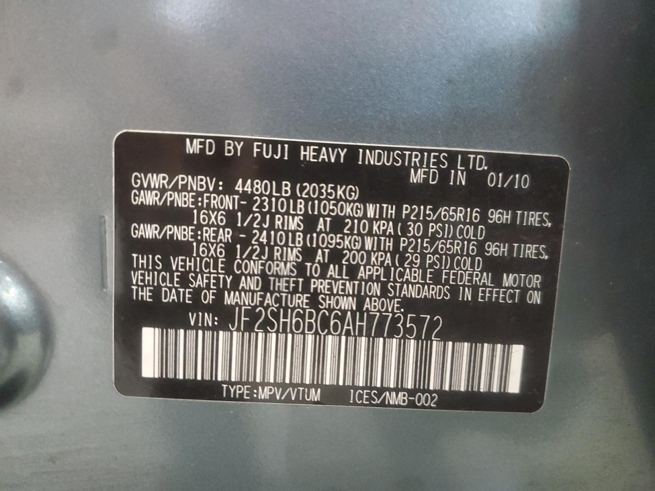 2010 Subaru Forester Xs VIN: JF2SH6BC6AH773572 Lot: 56836905