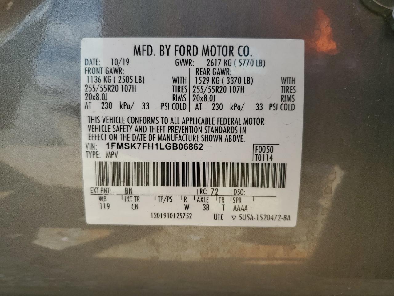 2020 Ford Explorer Limited VIN: 1FMSK7FH1LGB06862 Lot: 56930605