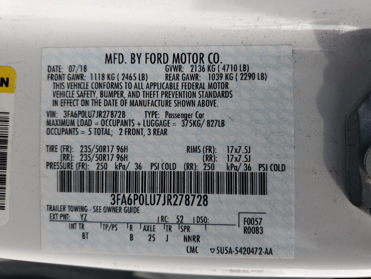 2018 Ford Fusion Se Hybrid VIN: 3FA6P0LU7JR278728 Lot: 54035555